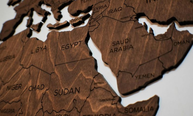 Detailed wooden jigsaw map featuring countries from North Africa and the Middle East.