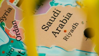 Detailed close-up of a colorful map depicting Saudi Arabia and surrounding countries with emphasis on Riyadh.